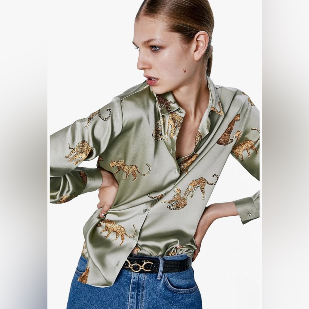 Green Animal Print Button Down Shirt